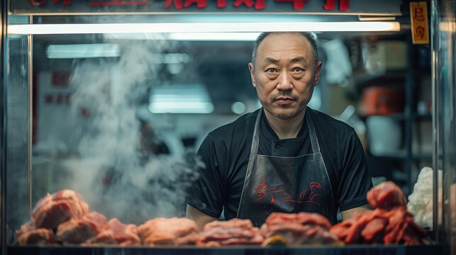 Friendly Butcher at Meat Market Counter