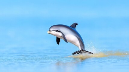 Obraz premium Dolphin Leaping Above Clear Blue Water Surface