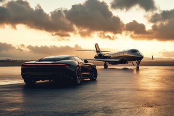 Luxury car parked beside a private jet during a stunning sunset on an airport runway