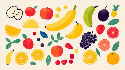 Obraz premium Illustration of various fruits, featuring clean lines and vibrant colors.