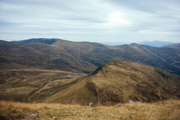 The girl travels in the mountains. Beautiful mountain landscape. Ukrainian Carpathian Mountains.