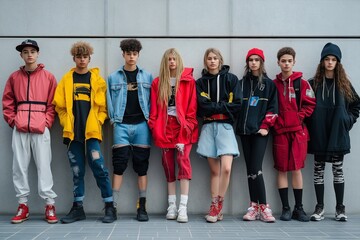 A group of stylish teens in urban fashion posing against a concrete wall during daylight hours in a modern city setting