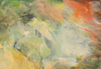 Art Oil and Acrylic hand drawn brushstroke smear blot painting wall. Abstract texture yellow, green, brown background.