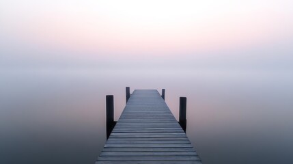 Misty Morning on a Foggy Lake with a Wooden Dock