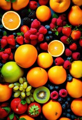 bright colorful food safety symbols displayed background ripe fruits showcasing vibrant colors textures, apples, oranges, bananas, berries, fresh, graphics