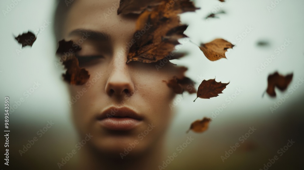 Canvas Prints A woman's face with leaves flying around her