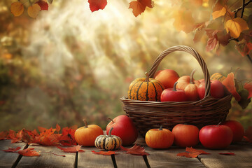 Rustic fall harvest scene with a basket of apples, pumpkins, and squash on a wooden table, surrounded by scattered autumn leaves in orange, red, and yellow. Soft sunlight filters through trees