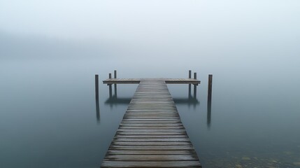 Fototapeta premium Serene Foggy Lake with Wooden Pier and Reflections