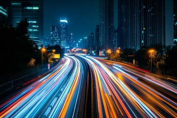 Fototapeta premium A bustling city highway illuminated by vibrant lights during a clear night under a skyline of towering buildings