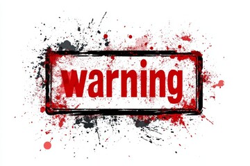 Warning label featuring bold red text with splatters of black and red paint on a white background, easily drawing attention to hazards