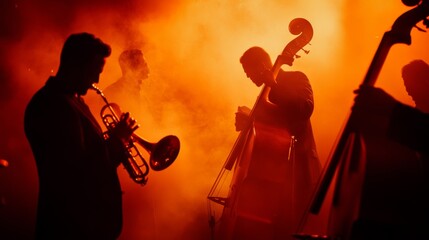 Silhouettes of Musicians Performing on Stage with Orange Lighting
