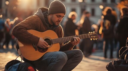 Obraz premium Street Musician Playing Acoustic Guitar in the City