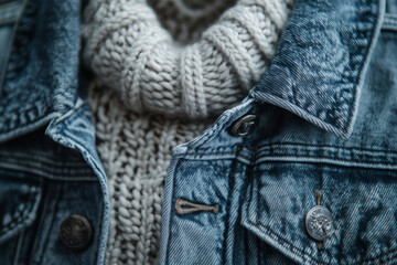 A cozy layered outfit featuring a denim jacket draped over a winter knit sweater in soft textures and colors