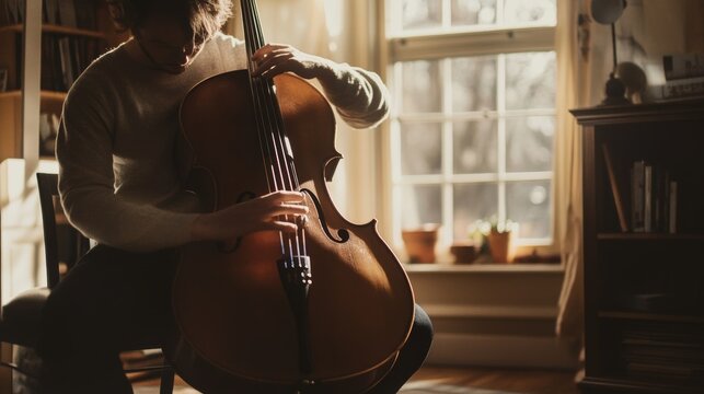 Cello Player Practicing in a Sunlit Room - Powered by Adobe