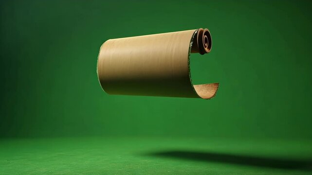 Parchment is unrolling, revealing its blank side, on a seamless looping green screen background. Perfect for compositing