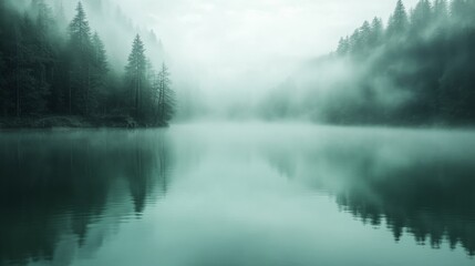 Fototapeta premium Misty Forest Lake with Reflections - Tranquil Nature Photography