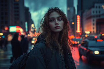 A vibrant cityscape at sunset with models navigating through bustling streets filled with energy and colorful lights