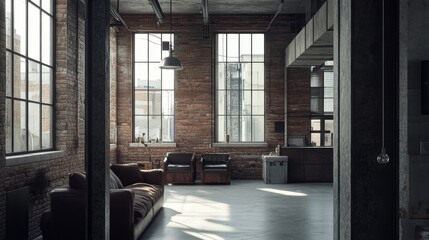 Industrial Loft Apartment with Exposed Brick Walls and Large Windows
