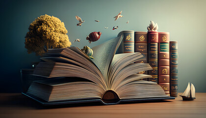 Books imagination, 3d illustration. Generate Ai.