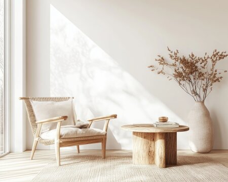Fototapeta Modern Scandinavian Boho Living Room Interior with White Wooden Furniture
