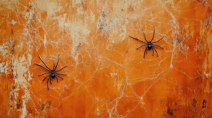 shabby orange wall covered with spooky spider web - halloween theme bright copy space background