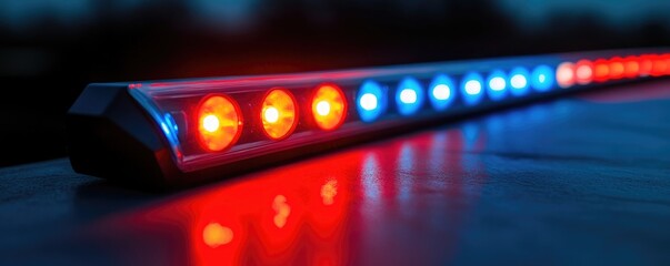 Close-Up of Emergency Vehicle Light Bar with Red and Blue LED Lights Illuminated at Night