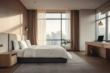 Light hotel bedroom interior with sleep and work zone, panoramic window