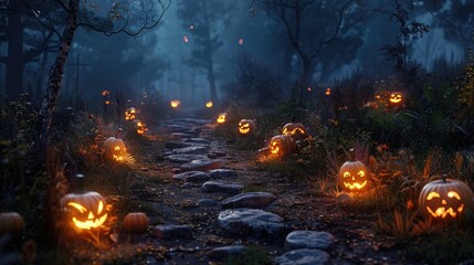 Spooky path with glowing pumpkins,