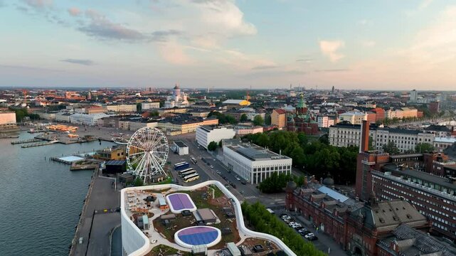 4k Aerial view of famous places architectural landmarks Helsinki Uspenski Cathedral. Helsinki, Finland.