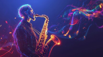 Obraz premium Abstract Saxophone Player: A Symphony of Light and Sound
