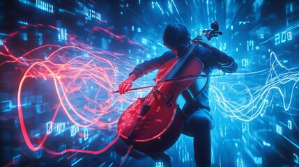 Fototapeta premium Cello Player in a Digital World: A Neon Symphony