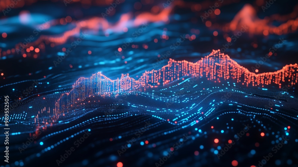 Poster colorful digital wave patterns representing data visualization in a futuristic environment
