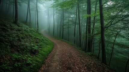 Fototapeta premium Enchanted Forest Path: A Mystical Journey Through Foggy Woods