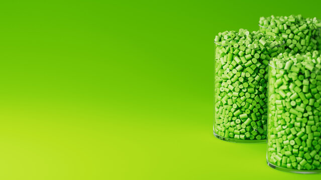 Side view on three glasses with green plastic polypropylene granules, masterbatch polymer grain, on green backdrop. HDPE or PVC resin pellets. 3d render illustration