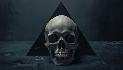 Shadow-framed human skull in an artistic triangular composition.