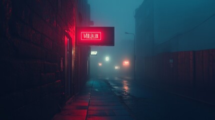 Neon Signs Illuminate Foggy City Alley at Night