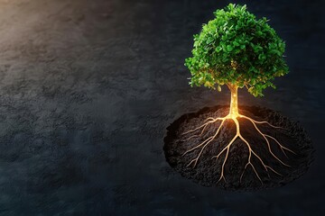 A vibrant tree grows from dark soil, its roots glowing with light, symbolizing growth, vitality, and the interconnectedness of life.