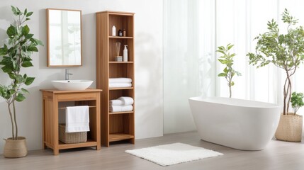 Fototapeta premium Modern Bathroom with Wooden Features and Green Plants