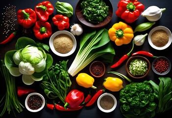 colorful arrangement fresh chinese cooking ingredients showcasing vibrant spices dynamic layout, asparagus, bamboo, bell, pepper, bean, bok, choy