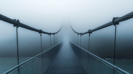 Obraz premium Misty Suspension Bridge: A Serene Landscape