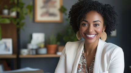 An African American teacher connects online radiating positivity and professionalism