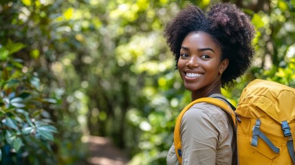 An adventurous woman enjoys a vibrant trail embracing natures beauty and serenity