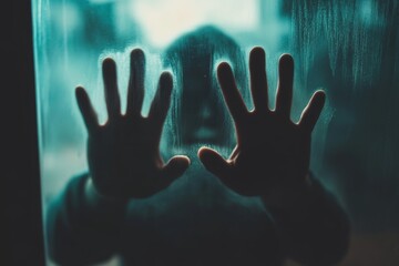 A figure with hands pressed against a foggy glass window on a misty day