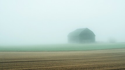 Fototapeta premium Misty Morning Landscape with Old Barn and Foggy Field