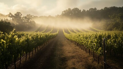 Naklejka premium Vineyard Rows Bathed in Golden Sunrise Mist