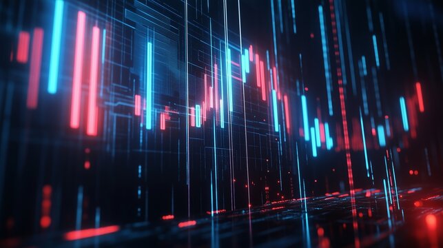 Dynamic digital trading data visualization with vibrant blue and red lines representing market fluctuations