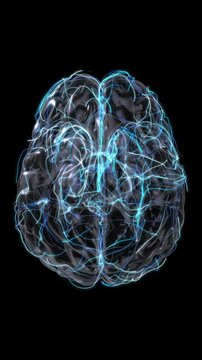 3D human brain with moving neuron signals. Reading neural signals through brain-computer interface. Neurotechnology conceptual animation. Vertical video