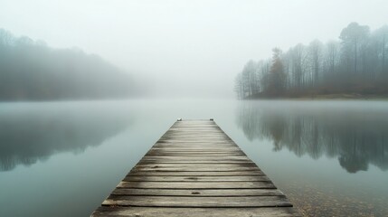 Serene Foggy Lake with Wooden Pier - Tranquil Nature Photography