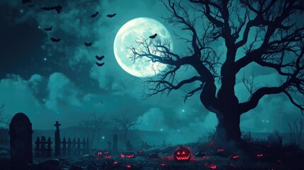 Zombie Rising Out Of A Graveyard cemetery In Spooky scary dark Night full moon bats on tree Holiday event halloween banner background concept
