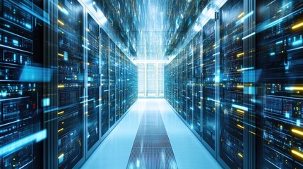 Fototapeta premium A dynamic view of a high-tech data center corridor lined with servers, illuminated by glowing lights and data streams, conveying a sense of speed and efficiency.
